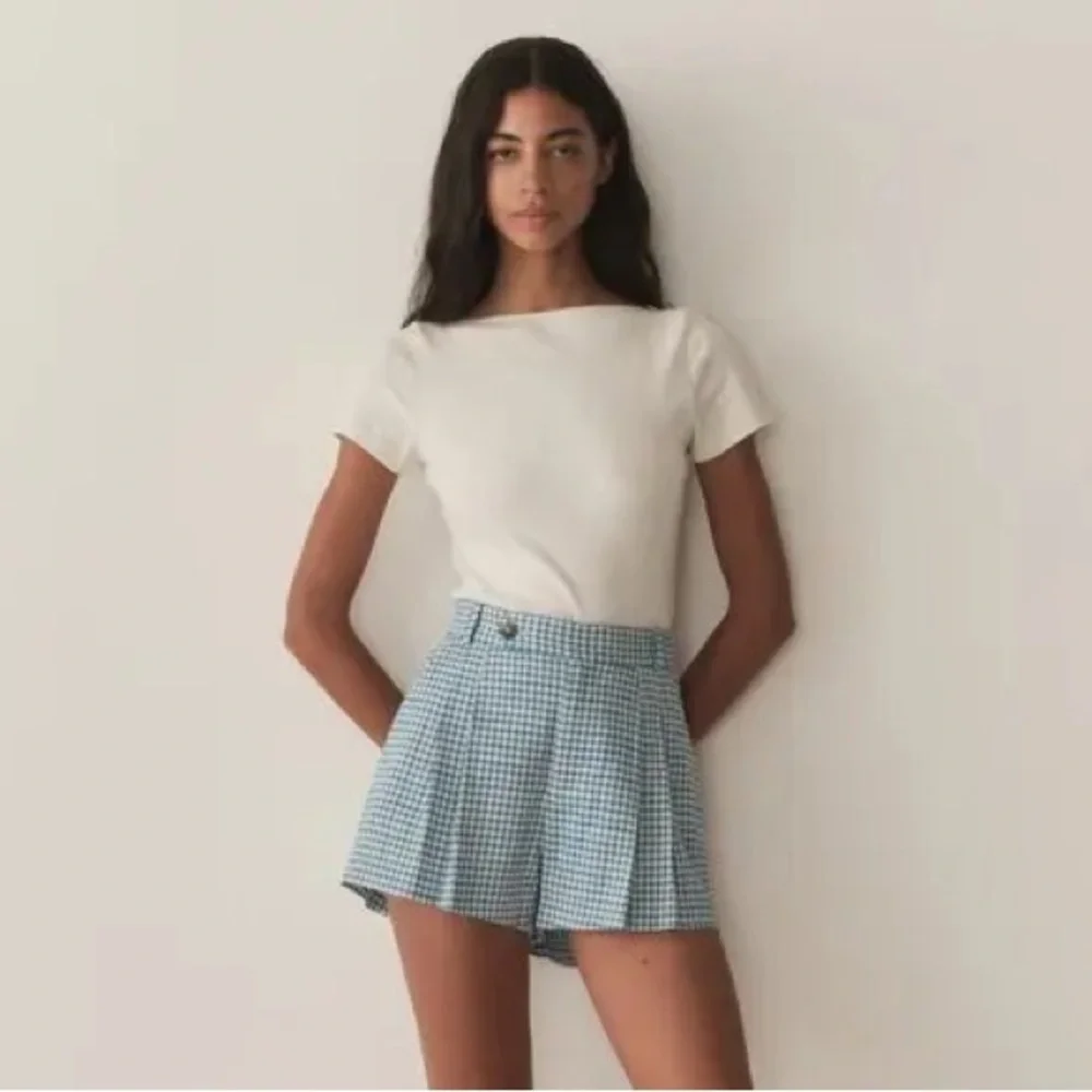 NWT Doen Kingsley Cotton Button High Waist Shorts Southhampton Gingham Blue - Picture 2 of 12